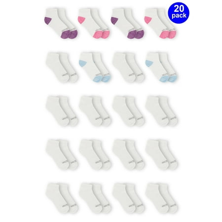 Fruit of the Loom Girls Socks, 20 Pack Ankle Durable Cushioned, Sizes S-L