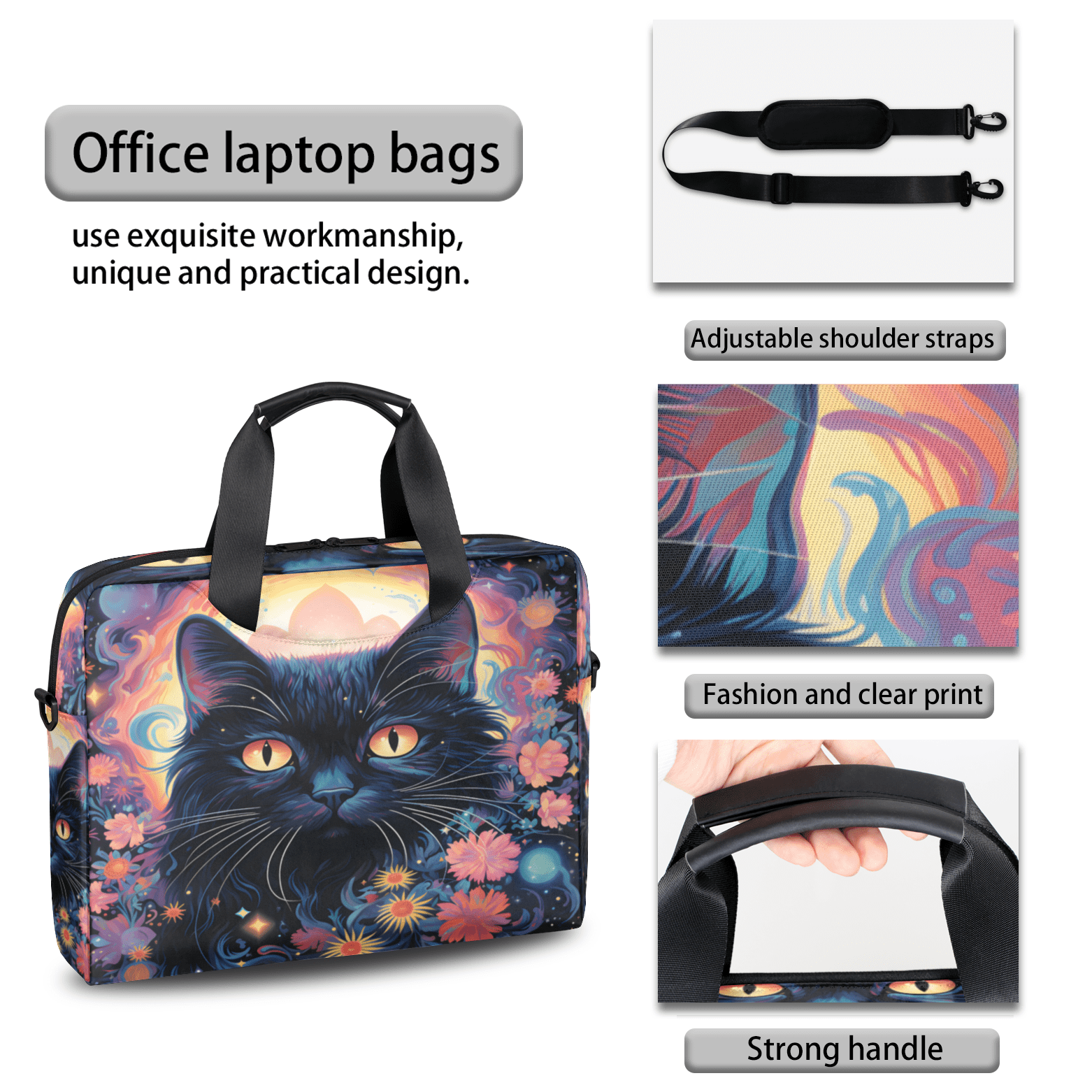 Herdesigns Boho Cat Laptop Bag for Women Men, Computer Case Briefcase Messenger Bags, 15-15.6 inch Laptop Sleeve Shoulder Bag