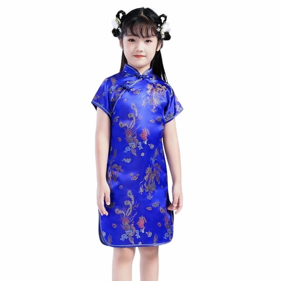 EnJoCho Girls Chinese Qipao Dress Girls Sleeveless Floral Print Dress Dragon Pattern Short Sleeve Cheongsam Dress for Birthday Party Wedding