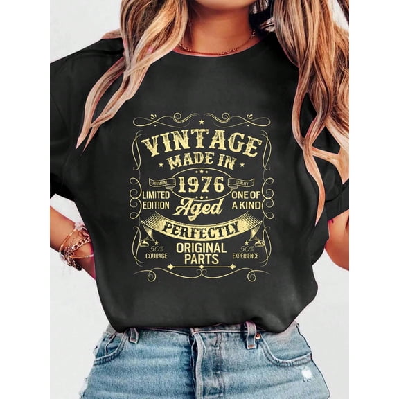 Vintage 1976 Made Or Born In 1976 Original Parts Birthday T-Shirt Print Cotton Tee Graphic Tee Women Tops, Summer Short Sleeve Women T-Shirt Clothing