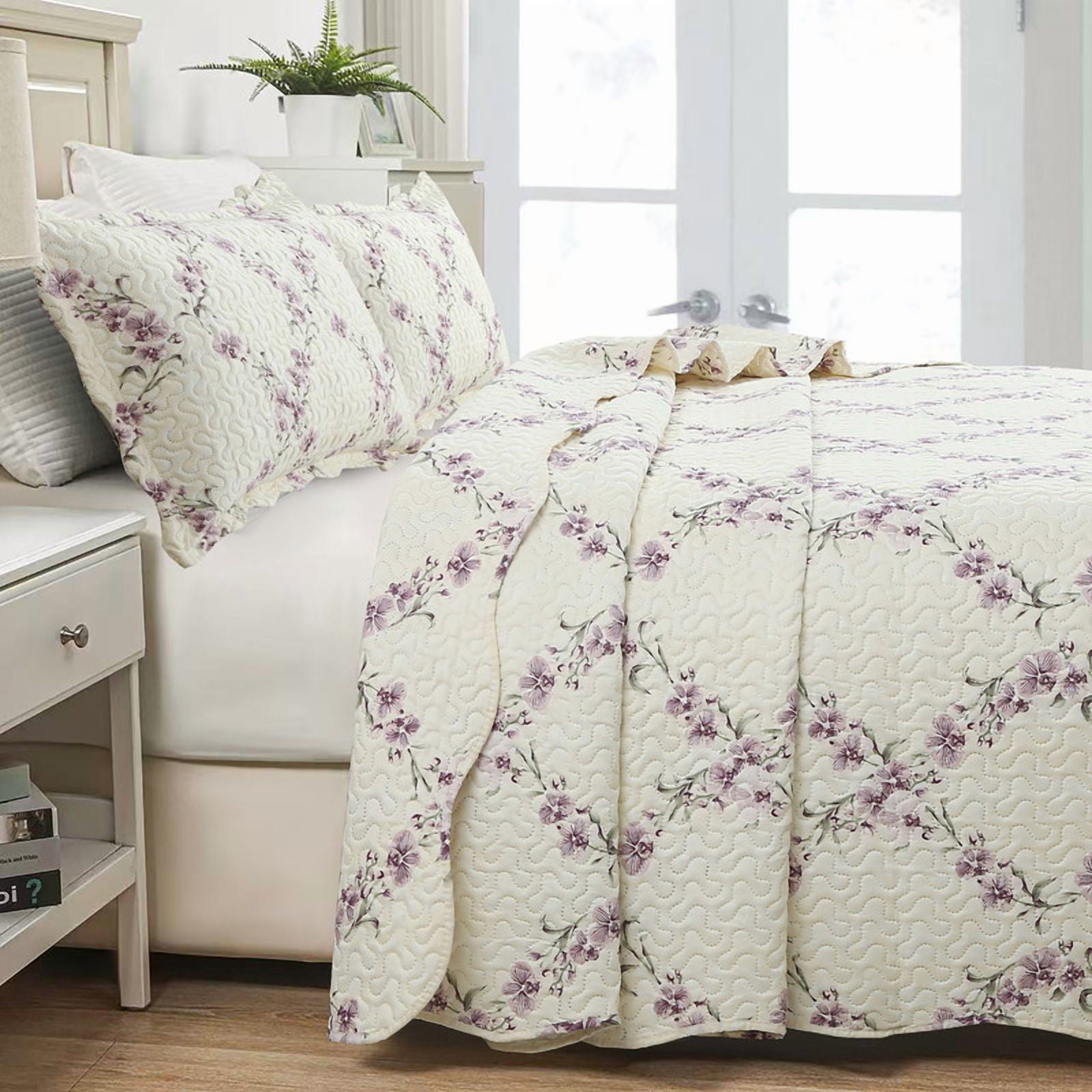 Marina Decoration Rich Printed Embossed Pinsonic Coverlet Bedspread Ultra Soft Home Bedding 3 Piece Summer Quilt Set with 2 Embossed Shams, Purple Orchid Cream Pattern King Size