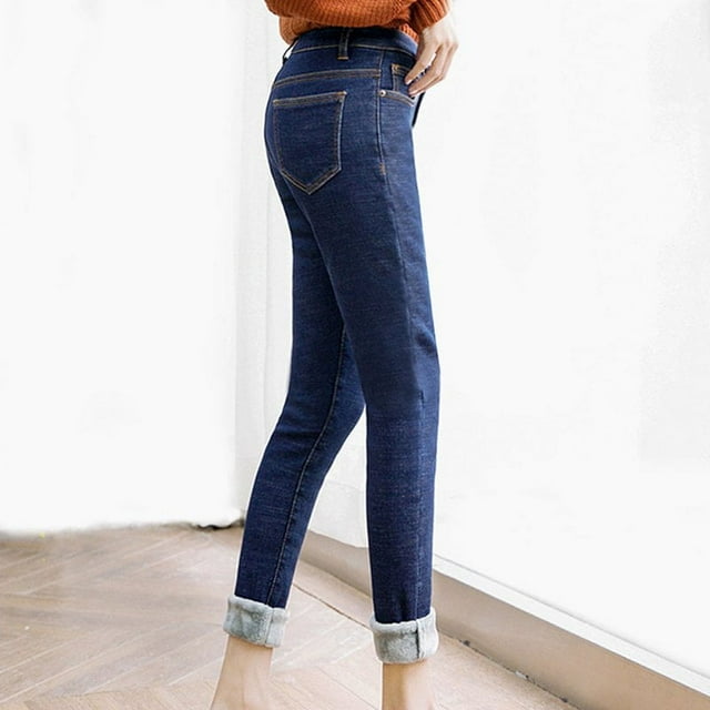 Women Solid Color Jeans Winter Adults High Waisted Fleece Lined Jeggings with Pockets