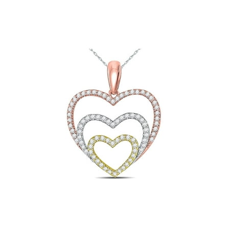 10k Triple Heart - 1/3 Carat (ctw J-K, I2-I3) Triple Heart Diamond Pendant Necklace in 10K Yellow, White, Rose Pink Gold with Chain