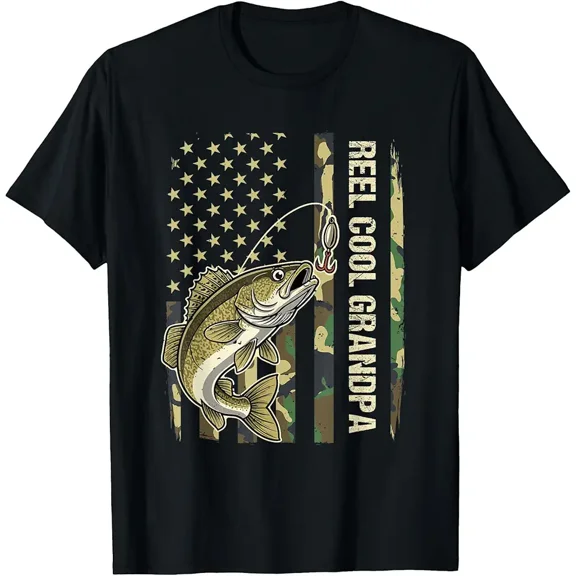 Reel Cool Grandpa Walleye Fishing Camo American Flag T-Shirt
