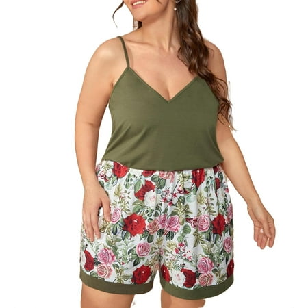 

Casual Floral Spaghetti Strap Short Sets Army Green Sleeveless Plus Size Pajama Sets
