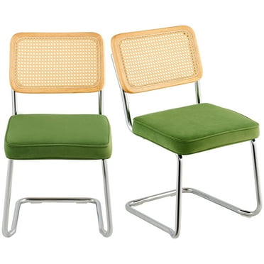 VEVOR Rattan Dining Chairs Set of 2, Mid Century Modern Dining Chair, Upholstered Velvet Accent Chair with Rattan Back, Retro Dining Room Kitchen Chair for Living Room, Bedroom, Office (18.1 Inch)