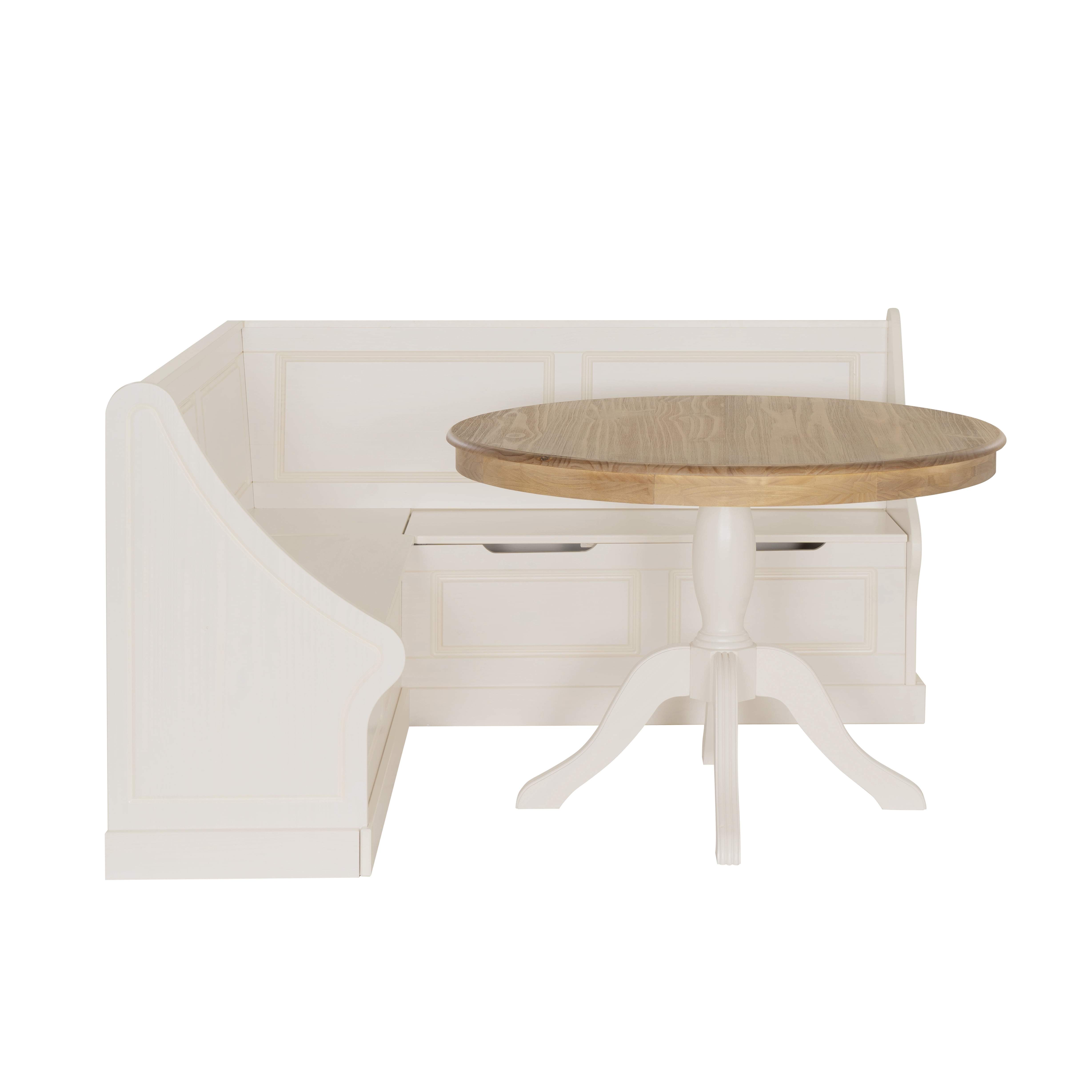 Linon Tobin 2-Piece Farmhouse Corner Dining Nook with Table and Storage, Seats 4-5, White