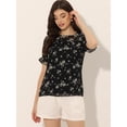 thumbnail image 3 of Blusa floral con ribete de volantes y manga corta de gasa para mujer Negro M, 3 of 5