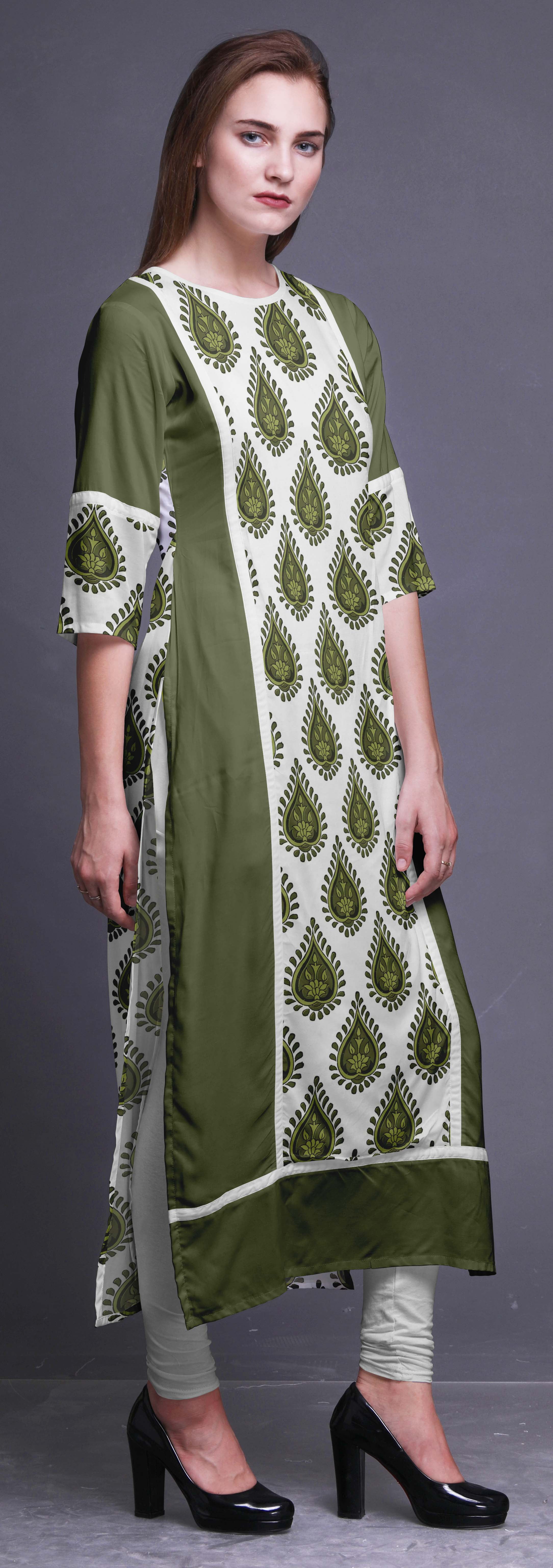 Bimba Women's Green Rayon Kurti - Round Neck Long Tunic Blouse For Casual Summer Wear - View #9
