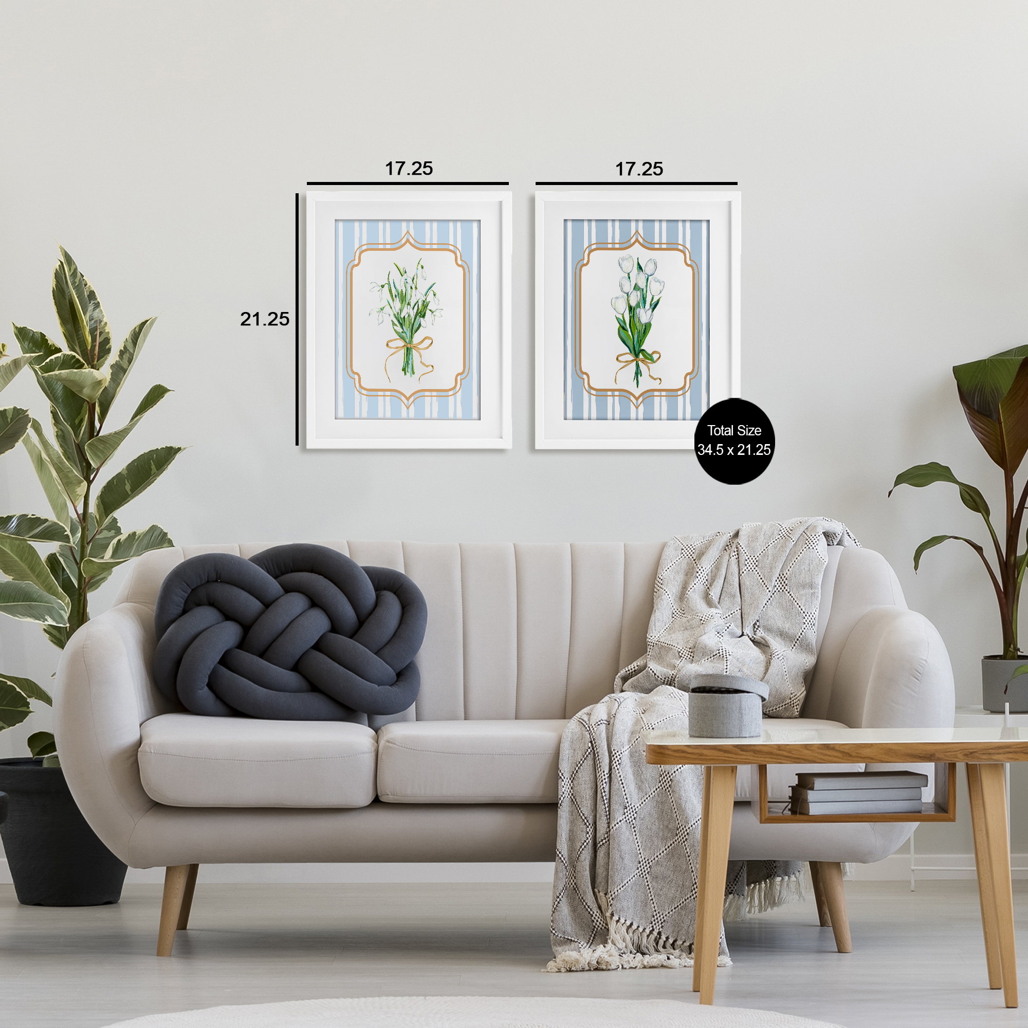 White Flowers Classic Stripes 2 Piece White Framed Print Under Glass Set, design by Adonna Ebrahimi