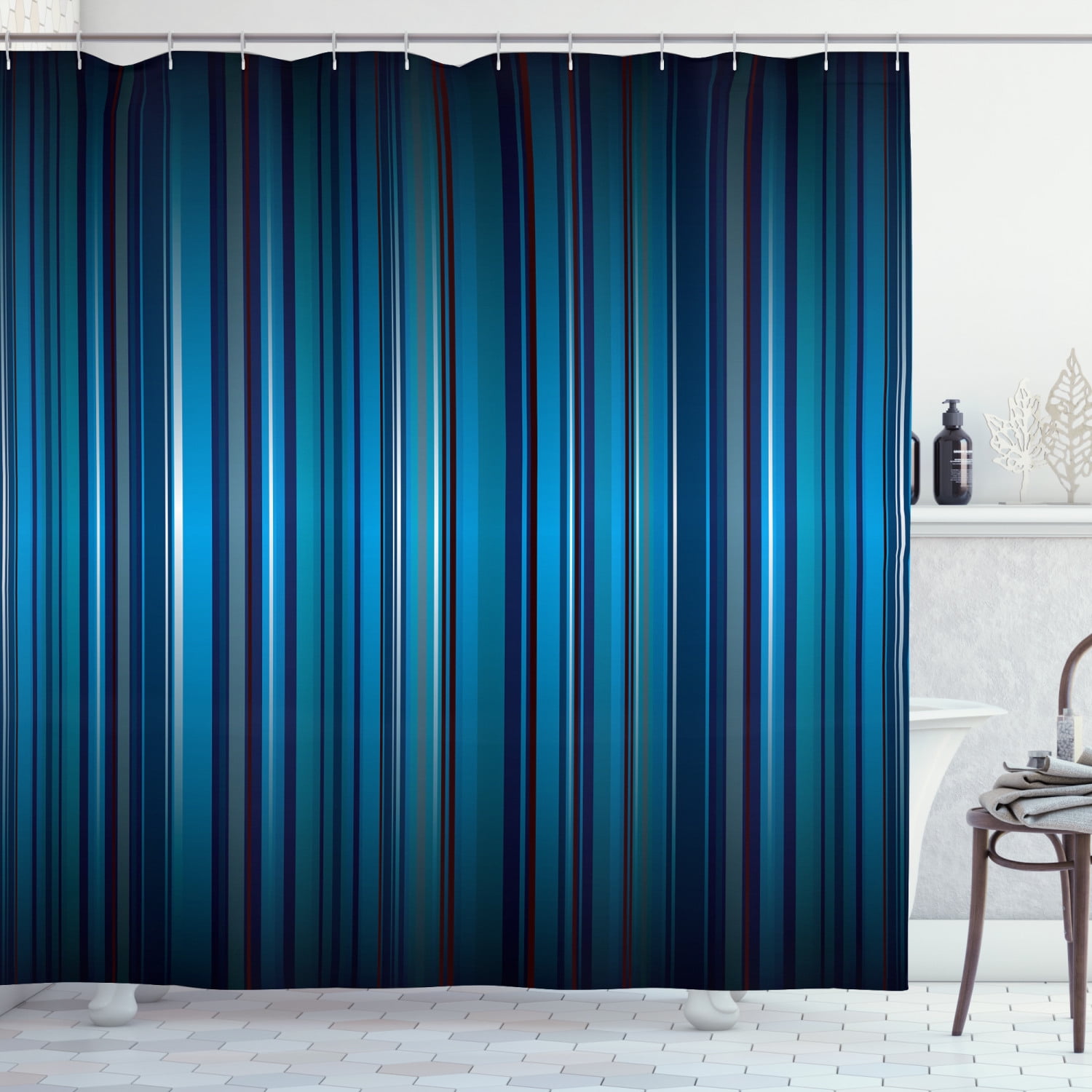 Harbour Stripe Shower Curtain, Vibrant Nvay Blue Background with Thin