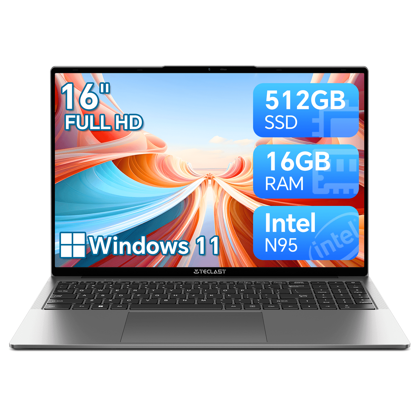 Windows 11 Laptop Computer 16.1 inch FHD Display Laptop, 16GB RAM 512GB SSD, Quad-Core Processor Intel N95 , 1920x1200, Intel UHD Graphics, Office 365, BT 5.0