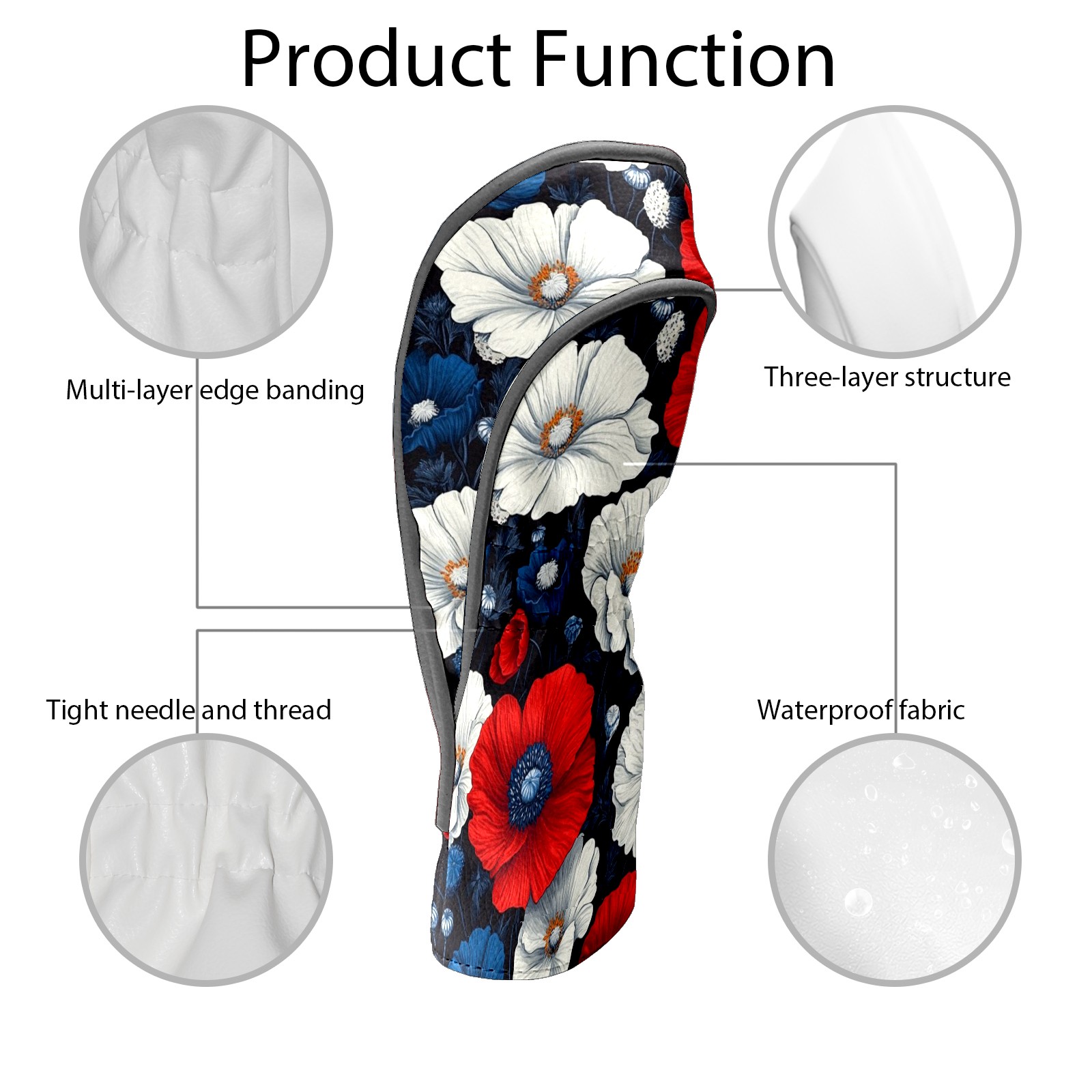 Golf Club Covers PU Leather Waterproof Head Covers for Fairway Woods Hybrids Red White Poppy Flowers Unisex Fits Most Brands