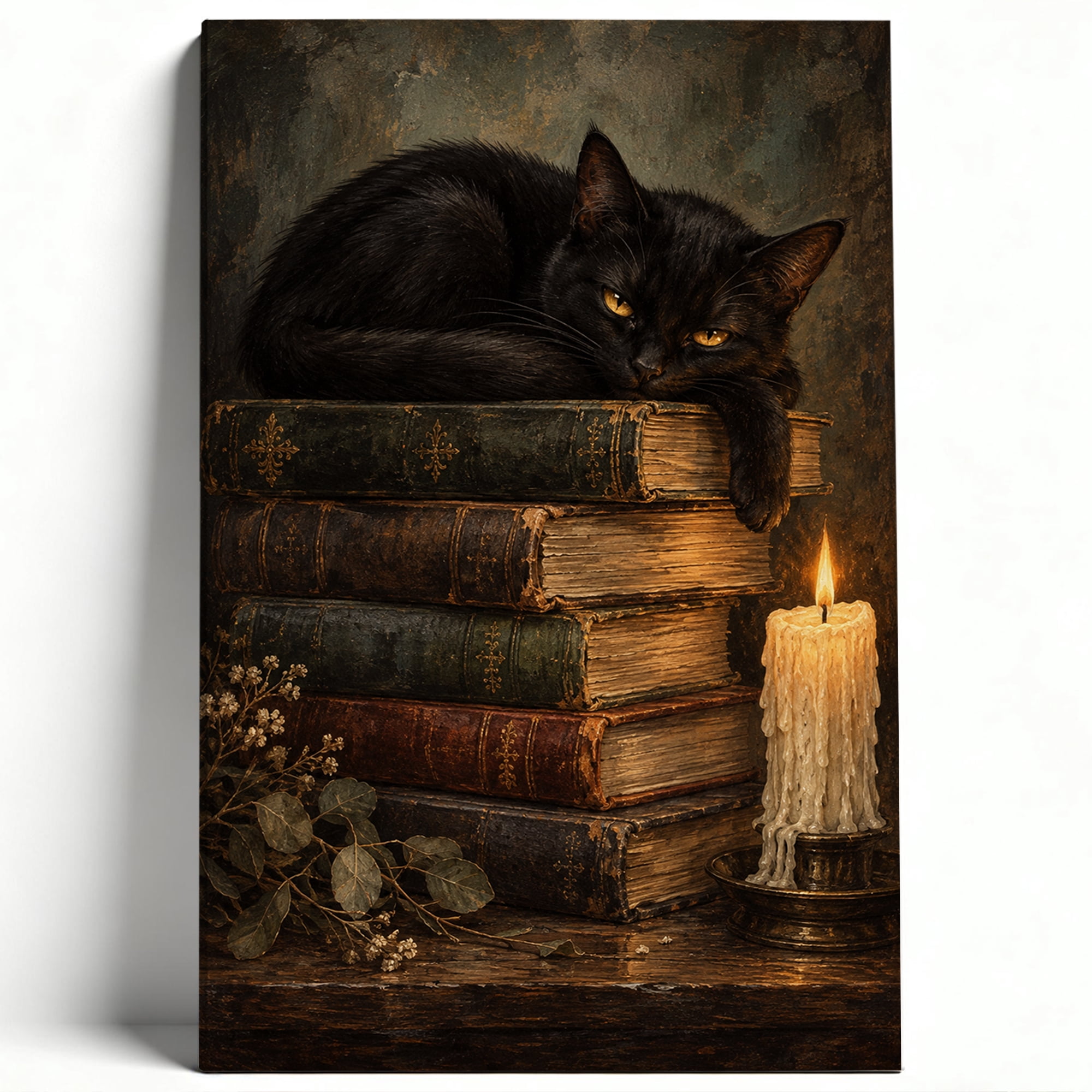Black Cat on Vintage Books Wall Art Candlelit Literary Still Life Print Victorian Decor for Study Reading Nook or Book Lover s Bedroom 8×12 inch