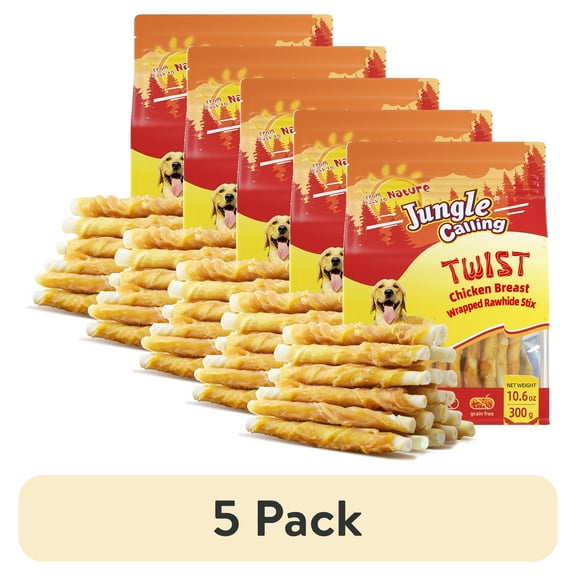 (5 pack) Jungle Calling Dog Treats, Chicken Wrapped Rawhide Sticks for Dogs, Puppy Training Treats Dog Chews Snacks (10.6 Ounce (Pack of 1))