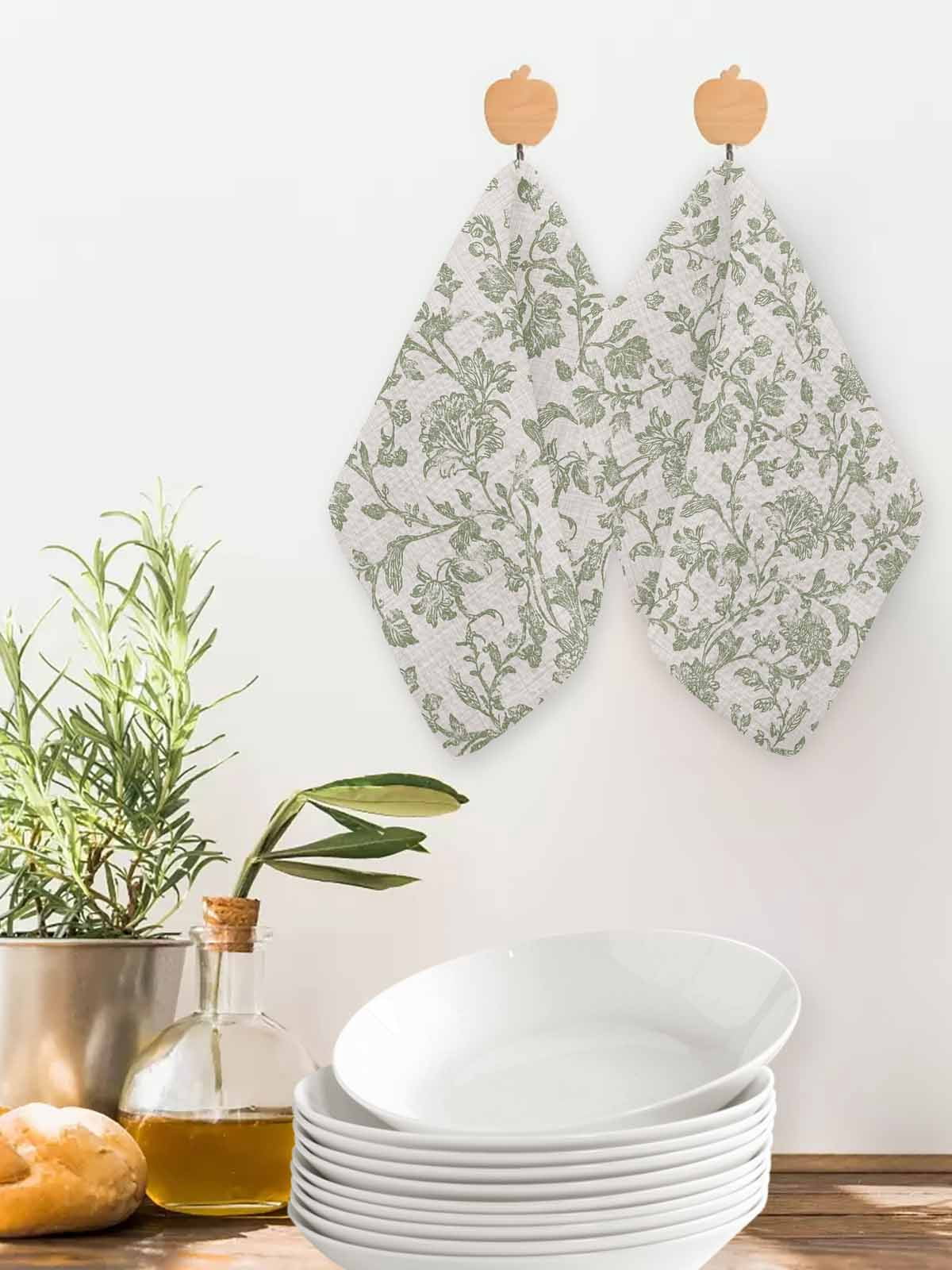 Farmhouse Sage Green Dish Towels Set, Waffle Weave Kitchen Towels 2 Pieces, Vintage Flower Leaf Botanical Microfiber Hair Face Bath Tea Towel Absorbent Quick Drying Cleaning Dish Cloths 12"x12"