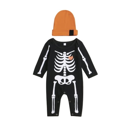 

Frobukio Halloween Newborn Baby Boys Girls Romper Hats Cartoon Printed Long Sleeve Jumpsuits Clothes Sets Black Orange 0-3 Months