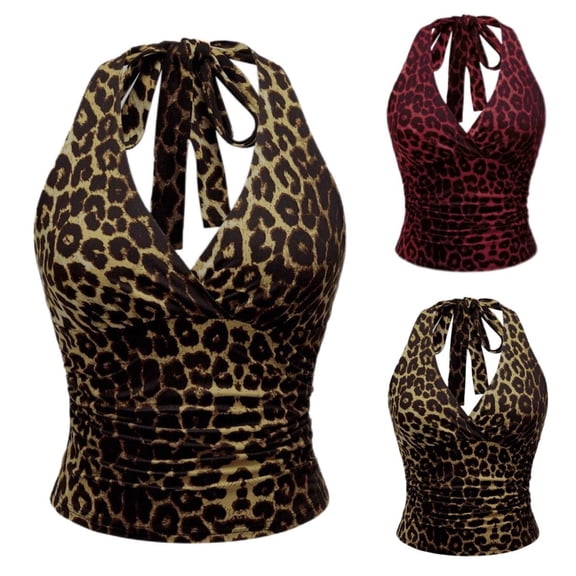 CAIXIA Womens Leopard Print Ruched Halter Crop Tops V Neck Tie Back Sleeveless Slim Fit Cami Tops
