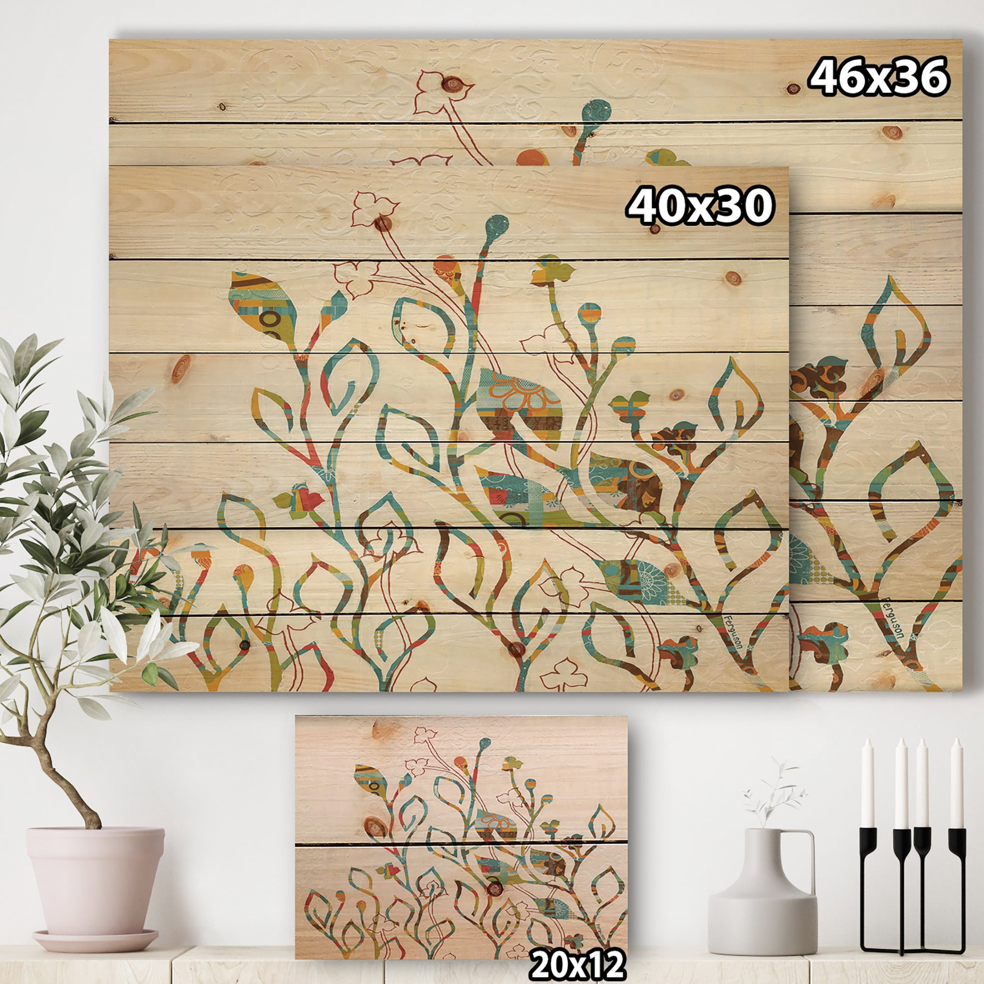 Designart 'Rainbow Coloured Flowers and Vines' Cabin & Lodge Print on Natural Pine Wood