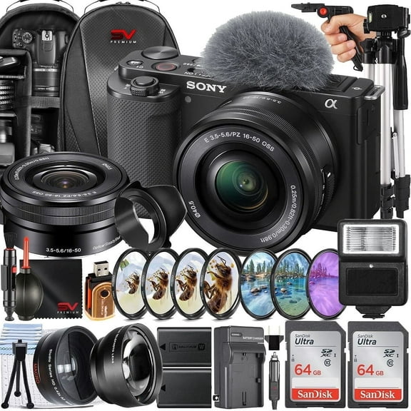 Sony ZV-E10 Mirrorless Camera with 16-50mm Lens   2 Pack 64GB Memory Card   Backpack   Filter Kit   Full Size Tripod   SV Premium Accessory Bundle (International Version)