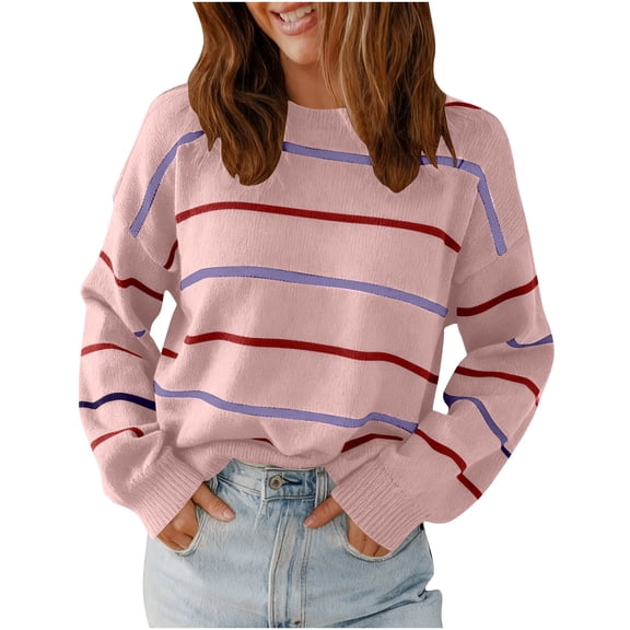 ZUKMRJPC Women's Crewneck Stripes Sweaters Long Sleeve Casual Regular Fit Lightweight Pullover Sweater Fall Winter Warm Cozy Basic Knit Tops