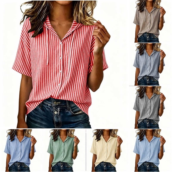Fancifize Short Sleeve Hoodies for Women V Neck Striped Button Down Shirts Casual Loose Blouses Summer Hooded Tops