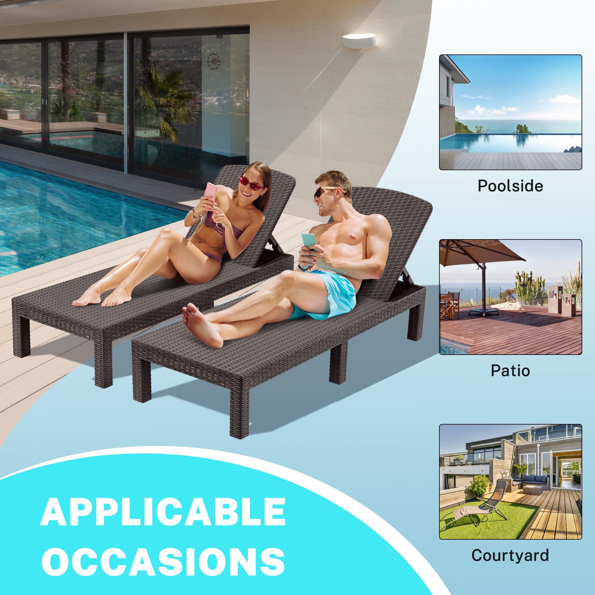 Syngar 2 Piece Chaise Lounge Set for Outside, Outdoor Adjustable Lounge Chairs Set of 2, Patio All-Weather PP Resin Reclining Chaise for Poolside Backyard Garden Porch, Espresso - image 4 of 10