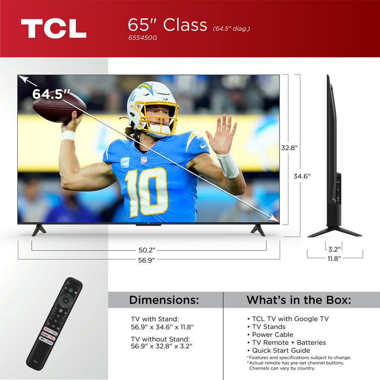 TCL 65” Class S Class 4K UHD HDR LED Smart TV with Google TV, 65S450G 