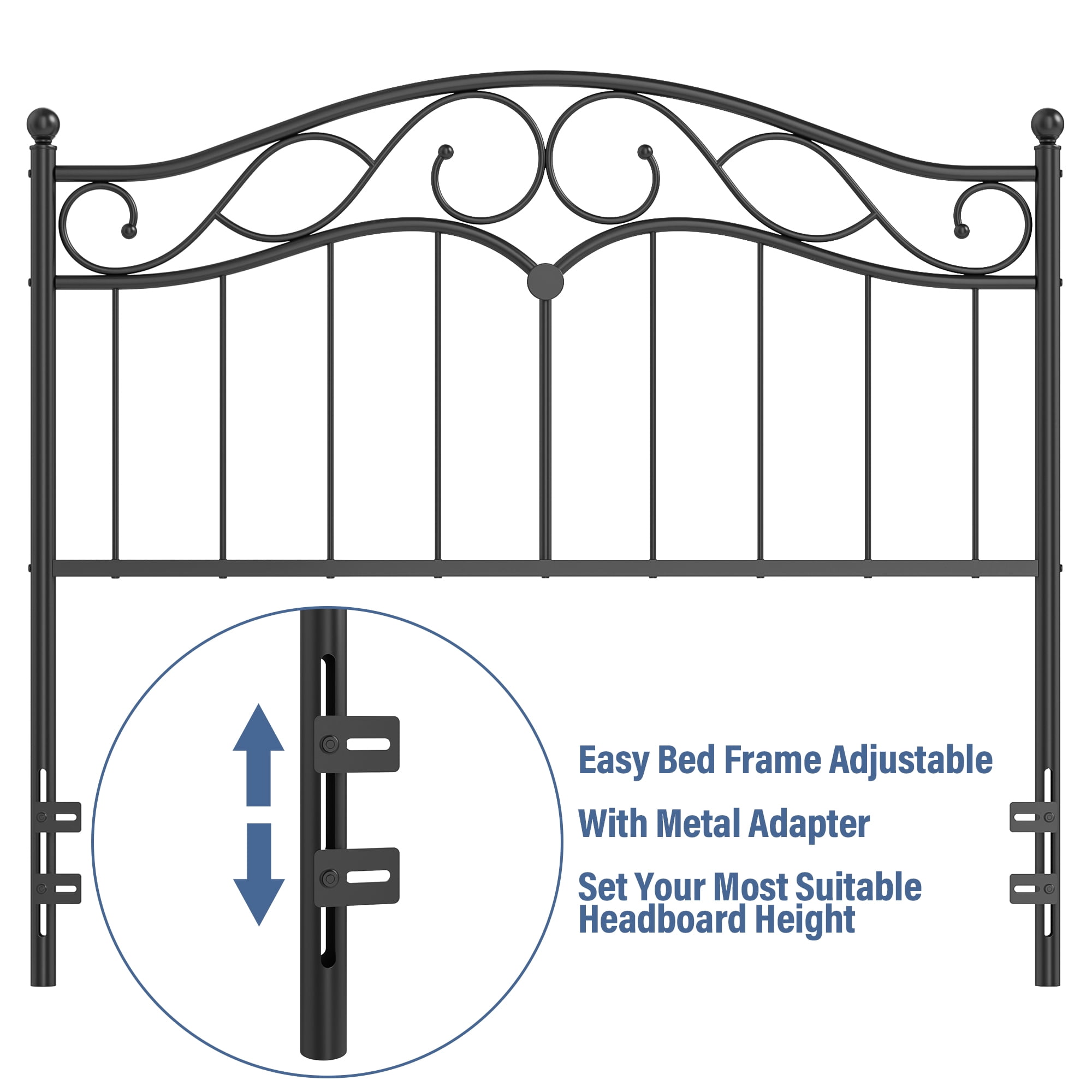 Yoneston Retro Sturdy Cute Scrolled Metal Full Size Headboard with Adjustable Height for Full Beds, Black