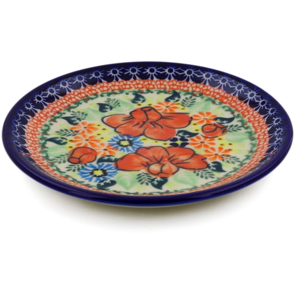 Polish Pottery 6¾-inch Dessert Plate (Bold Poppies Theme) Signature UNIKAT Hand Painted in Boleslawiec, Poland + Certificate of Authenticity