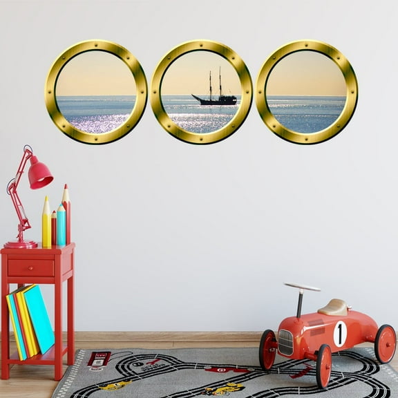 VWAQ Boat Window Decals - Portholes Decor, Ocean View Wall Mural - VWAQ-SPW6 (20" Diameter, Gold)