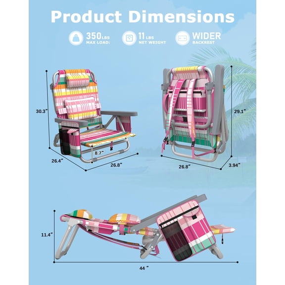 Beach Chair, Camping Chair for Adults, Reclining Backpack Chair for Pool, Beach, Camping, Outdoors