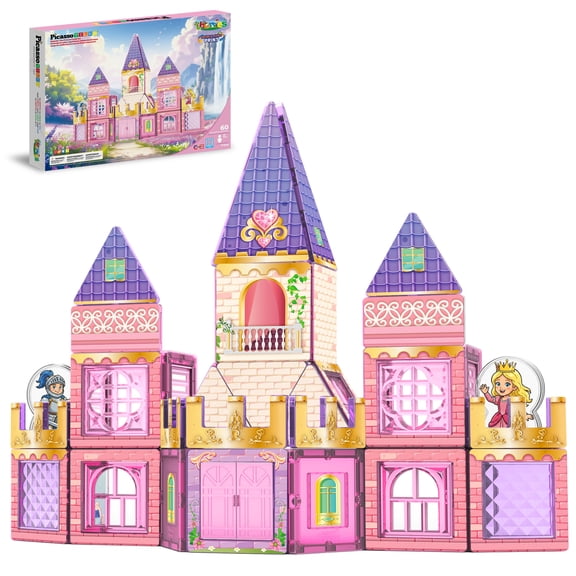 PicassoTiles 60PC Magnetic Tiles Princess Castle Building Set with 2 Figures, Reversible Tiles, STEM Learning Toy & Creative Blocks for Kids