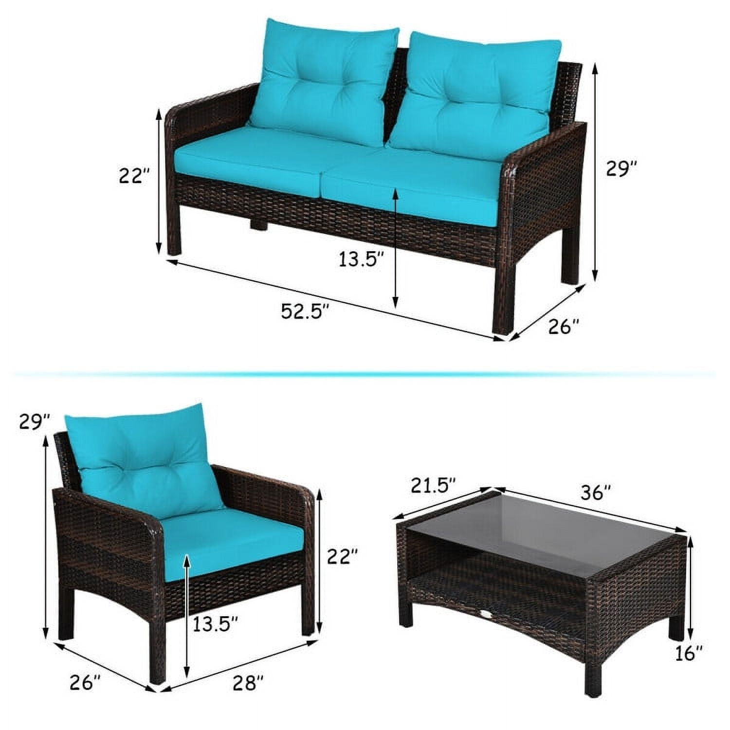 Aimee Lii 4 Pieces Outdoor Rattan Wicker Loveseat Furniture Set with Cushions, Small Patio Set, Turquoise Aimee Lii 4 Pieces Outdoor Rattan Wicker Loveseat Furniture Set with Cushions, Small Patio Set, Turquoise