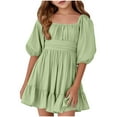 thumbnail image 1 of LLYwey Girls Robes d'Été à Volants, Robe Décontractée Fluide pour Filles, Robe de Plage Unie à Manches Bouffantes Plissée Longueur Genou, Vert, 12T, 1 of 7