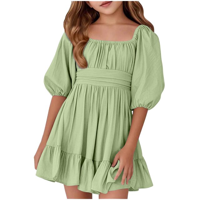 Mgmyaa Robes d'Été pour Filles Col Carré Manches Lanterne Dos Bas Volanté Robe de Fête Mini