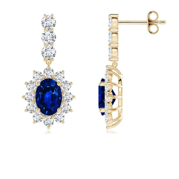 ANGARA Lab Grown 1.7 Ct Blue Sapphire Floral Dangle Earrings for Women in 14K Yellow Gold (Size-7x5mm) | September Birthstone, Anniversary, Jewelry Gift for Women | Lab-Grown Blue Sapphire Earrings