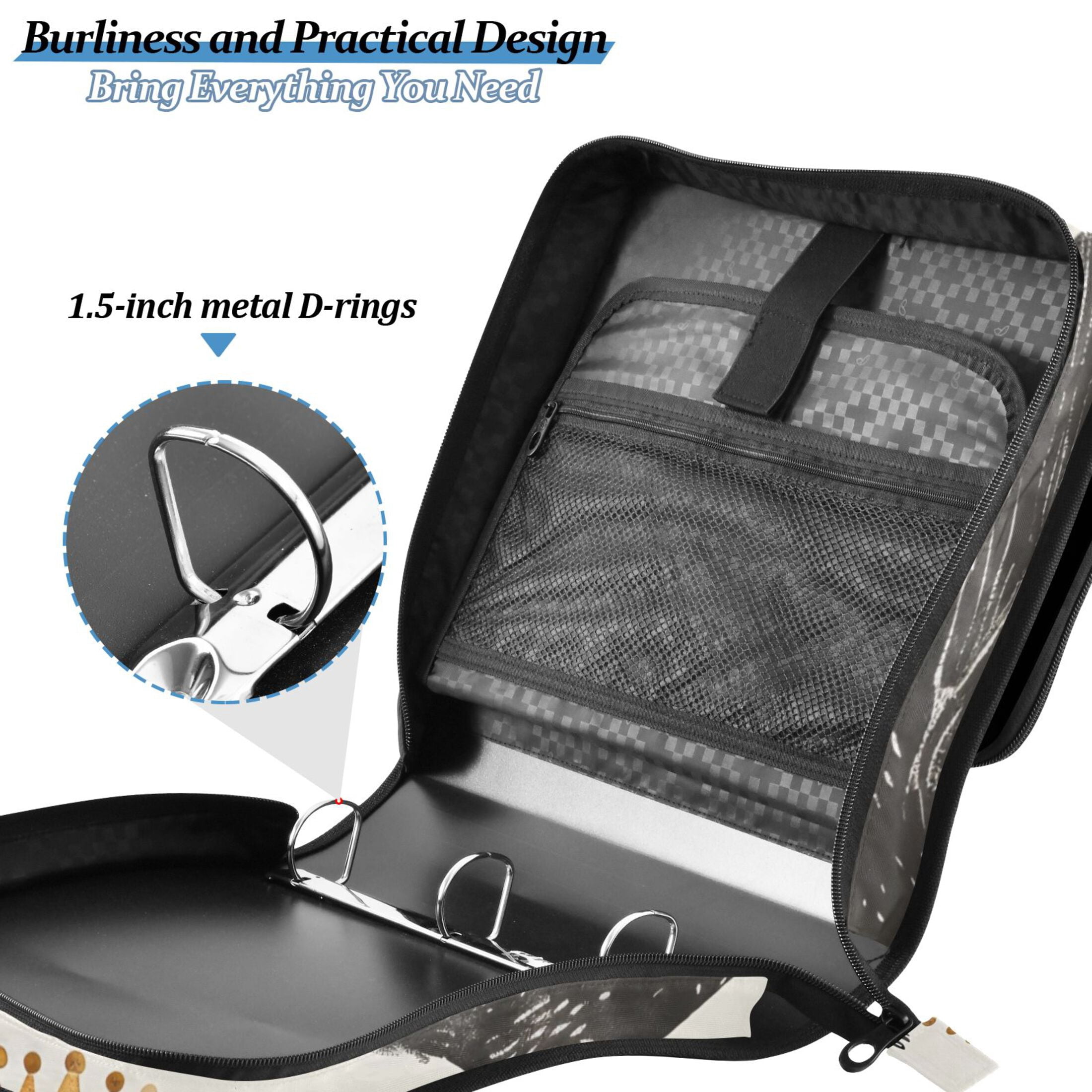 3 Ring Zipper Binder with Shoulder Strap Waterproof Trapper Keeper 2 Inch D-Ring 500 Sheets Capacity Blackbirds with Crown
