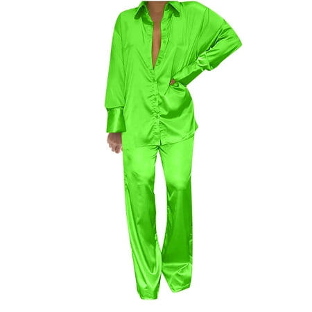 

Lounge Sets for Women Two Piece Outfits Satin Pajamas Long Sleeve Button Blouse with Baggy Pants Pj Outfit Sets