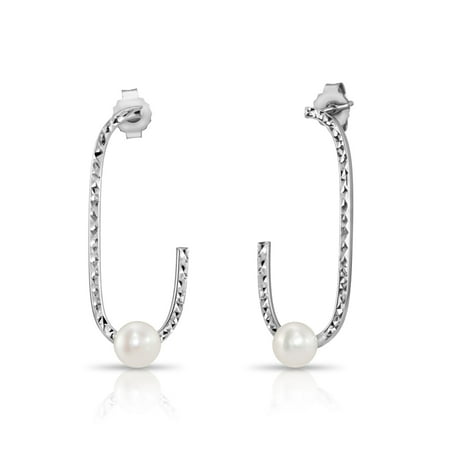 Tilo Jewelry 925 Sterling Silver Freshwater Pearl Oval Engraved Hoop Earrings for Women & Unisex