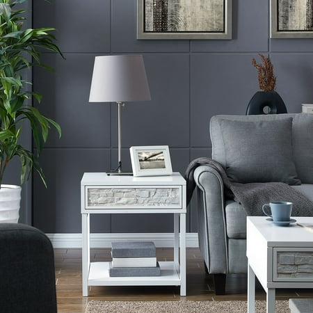 - Dott Faux Stone End Table, Transitional, White