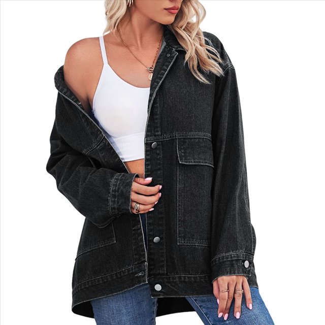Chaqueta Vaquera de Mujer, Estilo Boyfriend, Extragrande, con Botones, Larga, Aberturas Laterales Negro y Gris L