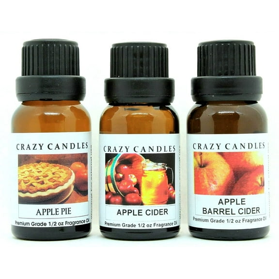 Crazy Candles 3 Bottles Set, 1 Apple Pie, 1 Apple Cider, 1 Apple Barrel Cider 1/2 Fl Oz Each (15ml) Premium Grade Scented Fragrance Oils