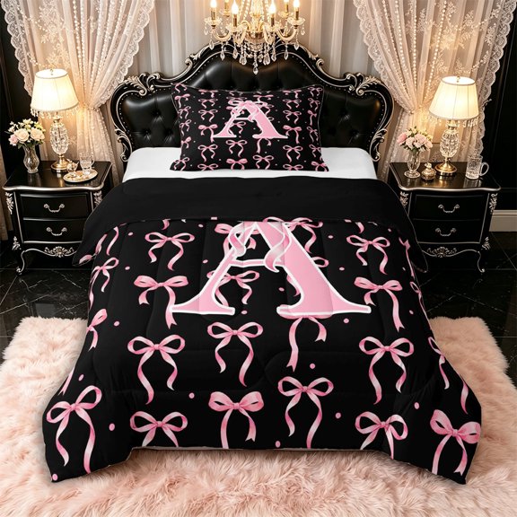 Manfei Pink Ribbon Bow Letter Monogrammed A Twin Comforter Sets 3-Piece for Teens Girls,Kids Cartoon Bowknot Polka Dots Bedding Set,Black Reversible,Luxury Bedroom Decor