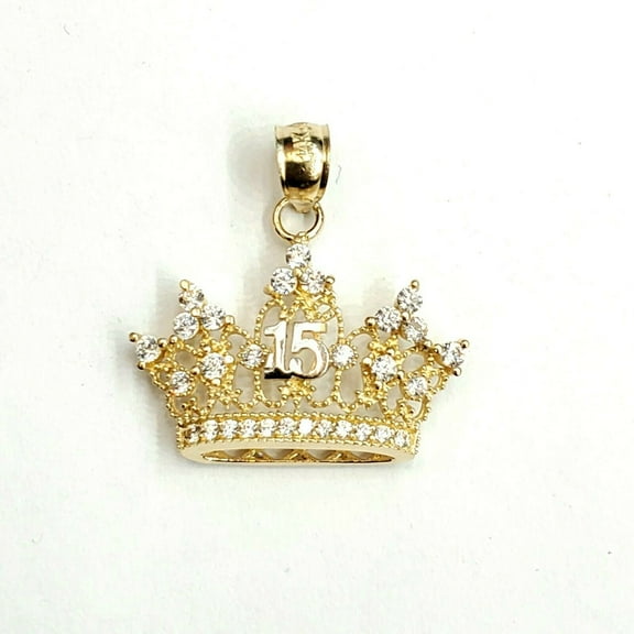 14k yellow gold 15 Aos 15 years crown pendant cubic zirconia fine jewelry 2.1g