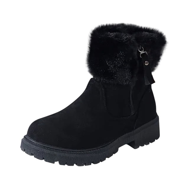 Botas de nieve peludas de invierno para mujer de con punta redonda, cremallera lateral, tubo corto, además de terciopelo, informales, de algodón, para estudiantes, para correr, botas de vaquero.