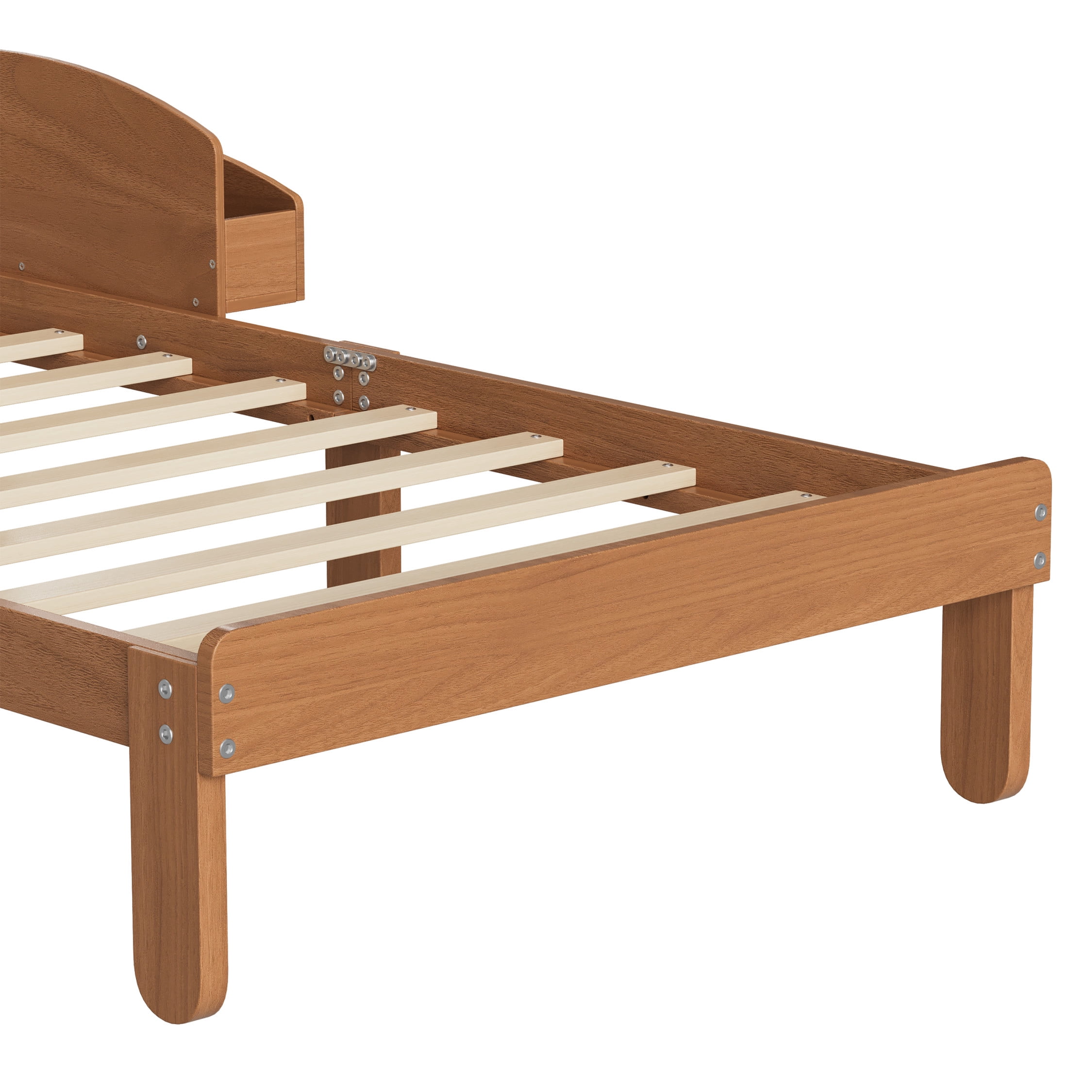 Noble House Twin Size Platform Bed with Curved Padded Headboard, Side Storage Shelves, Light Walnut