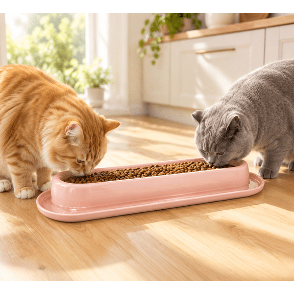 Ant Proof Cat Food Bowls, Easy Clean Large Capacity, Shallow Raised Cat Bowl, Indoor Outdoor, Pink, 15.94" x 4.92" x 1.77"