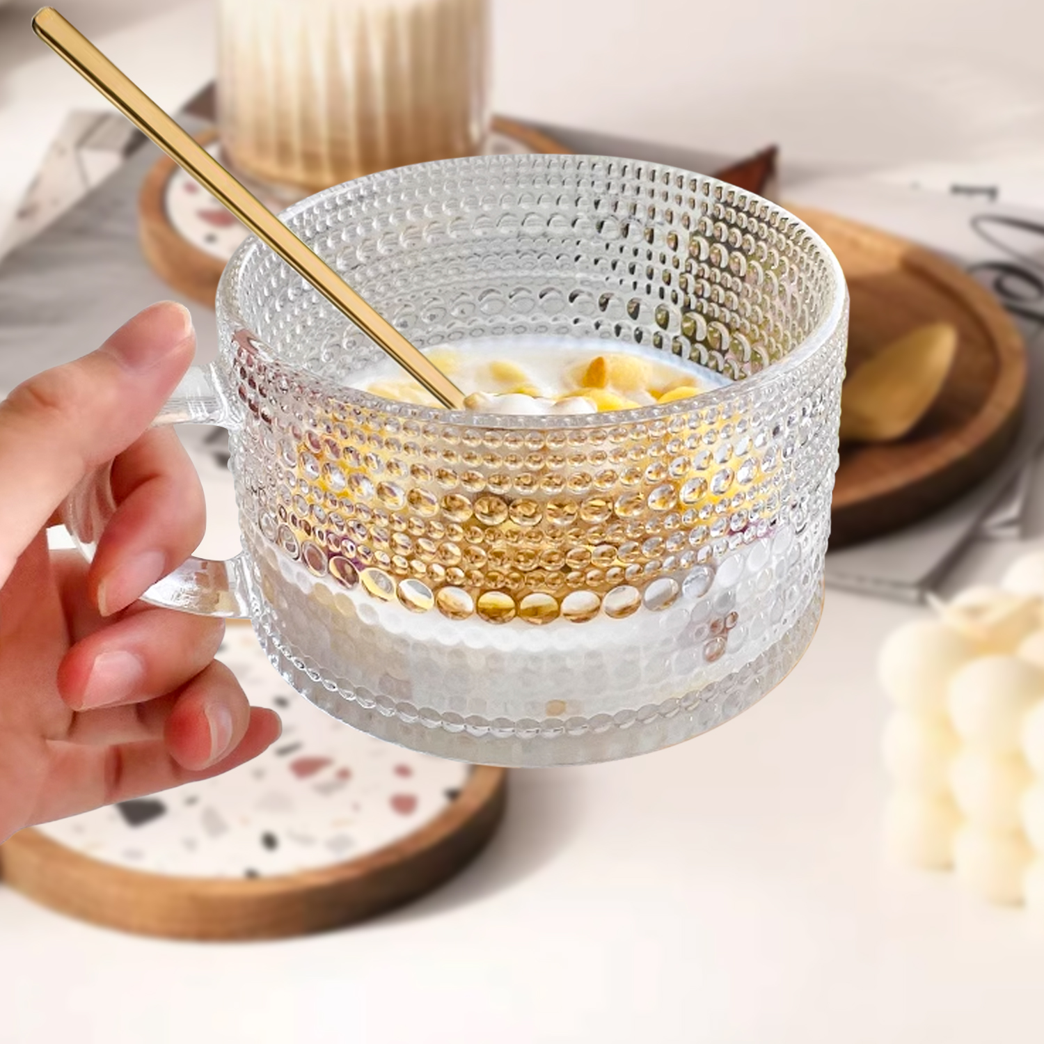 LANDNEOO Set 4 Tazze Da Caffè In Vetro Vintage – 400 Ml Con Coperchi In Bambù E Cucchiai