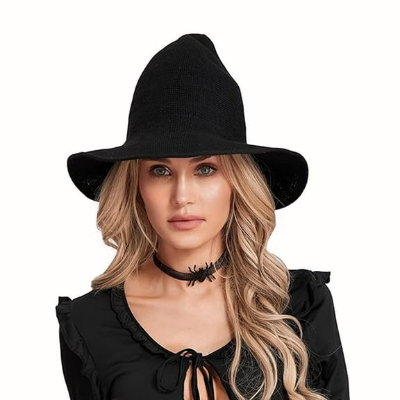 Halloween Witch Hat for Women, Wide Brim Foldable Pointed Cap, for Halloween Party Costume Accessory, Black